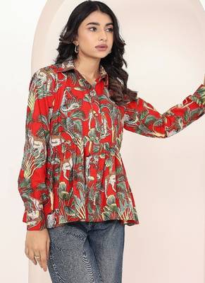 Navy blue tropical print angrakha style cotton kurta top 2