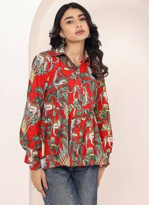 Navy blue tropical print angrakha style cotton kurta top 3