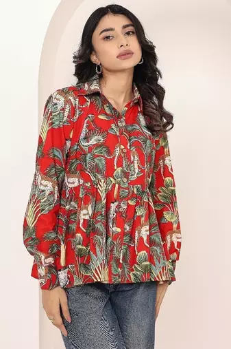 Navy blue tropical print angrakha style cotton kurta top