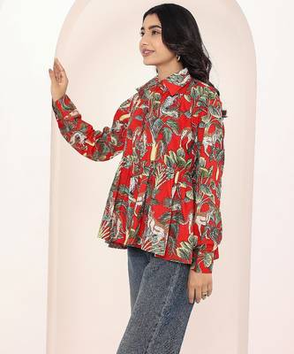 Navy blue tropical print angrakha style cotton kurta top 4