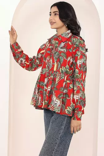 Navy blue tropical print angrakha style cotton kurta top