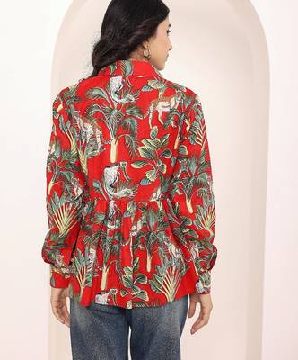 Navy blue tropical print angrakha style cotton kurta top 5