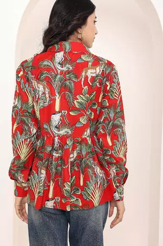 Navy blue tropical print angrakha style cotton kurta top
