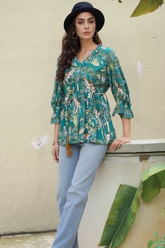 Navy blue tropical print angrakha style cotton kurta top