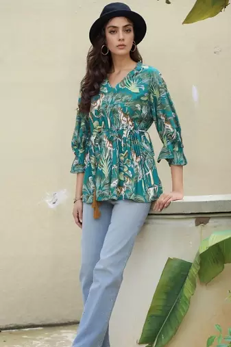Navy blue tropical print angrakha style cotton kurta top