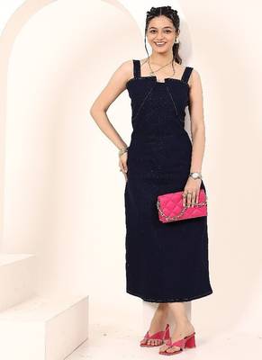 Navy blue tropical print angrakha style cotton kurta top 1