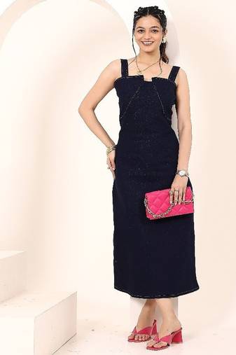 Navy blue tropical print angrakha style cotton kurta top