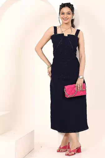 Navy blue tropical print angrakha style cotton kurta top