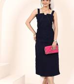 Navy blue tropical print angrakha style cotton kurta top