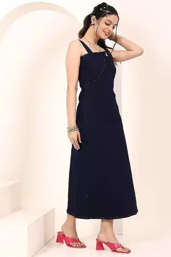 Navy blue tropical print angrakha style cotton kurta top