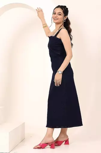 Navy blue tropical print angrakha style cotton kurta top