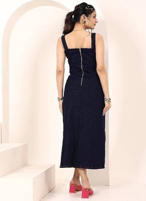 Navy blue tropical print angrakha style cotton kurta top 4