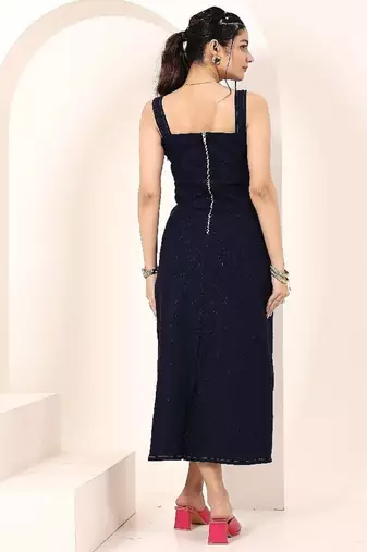 Navy blue tropical print angrakha style cotton kurta top
