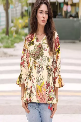 Navy blue tropical print angrakha style cotton kurta top