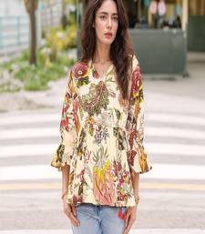 Navy blue tropical print angrakha style cotton kurta top