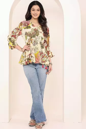 Navy blue tropical print angrakha style cotton kurta top