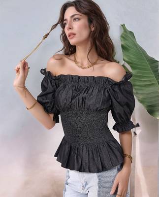 Navy blue tropical print angrakha style cotton kurta top 1