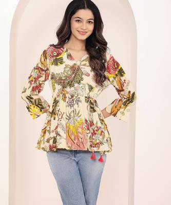 Navy blue tropical print angrakha style cotton kurta top 4