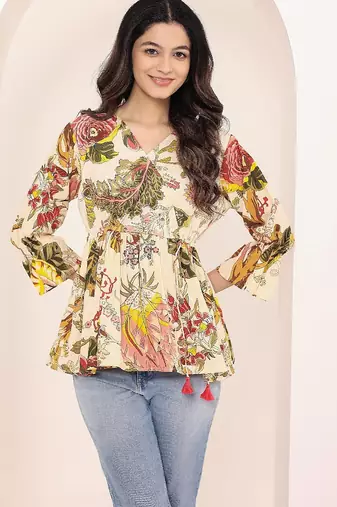 Navy blue tropical print angrakha style cotton kurta top