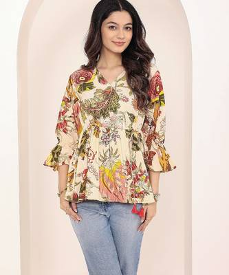 Navy blue tropical print angrakha style cotton kurta top 1