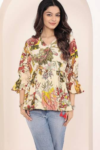 Navy blue tropical print angrakha style cotton kurta top