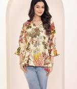 Navy blue tropical print angrakha style cotton kurta top