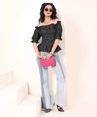 Navy blue tropical print angrakha style cotton kurta top 3