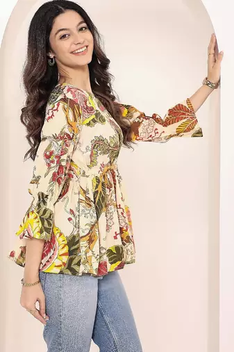 Navy blue tropical print angrakha style cotton kurta top