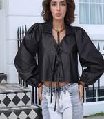 Navy blue tropical print angrakha style cotton kurta top