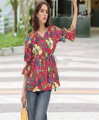 Navy blue tropical print angrakha style cotton kurta top 2