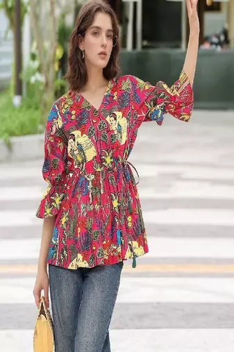Navy blue tropical print angrakha style cotton kurta top
