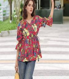 Navy blue tropical print angrakha style cotton kurta top