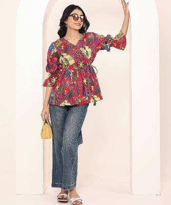 Navy blue tropical print angrakha style cotton kurta top 3