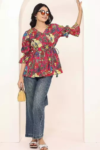 Navy blue tropical print angrakha style cotton kurta top