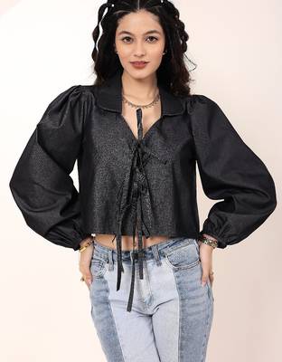 Navy blue tropical print angrakha style cotton kurta top 3