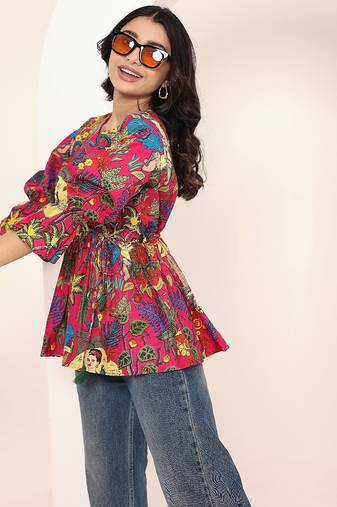 Navy blue tropical print angrakha style cotton kurta top
