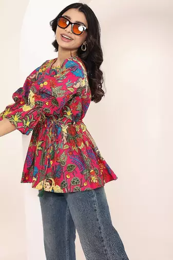 Navy blue tropical print angrakha style cotton kurta top