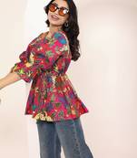 Navy blue tropical print angrakha style cotton kurta top