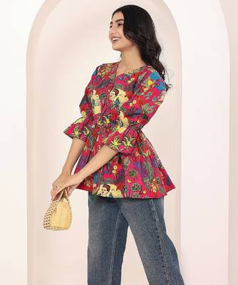 Navy blue tropical print angrakha style cotton kurta top 4