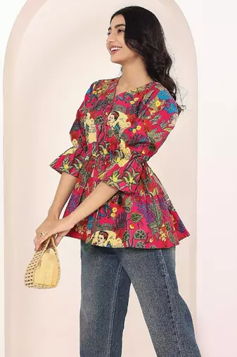 Navy blue tropical print angrakha style cotton kurta top
