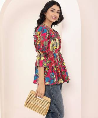Navy blue tropical print angrakha style cotton kurta top 5