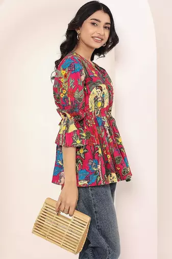 Navy blue tropical print angrakha style cotton kurta top