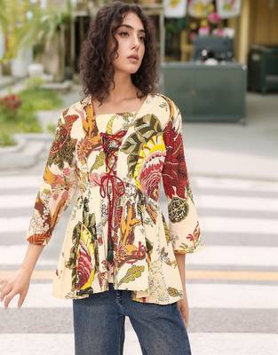 Navy blue tropical print angrakha style cotton kurta top 2