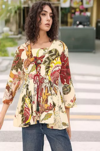 Navy blue tropical print angrakha style cotton kurta top