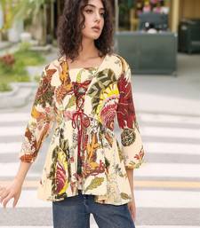 Navy blue tropical print angrakha style cotton kurta top