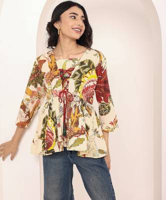 Navy blue tropical print angrakha style cotton kurta top 1
