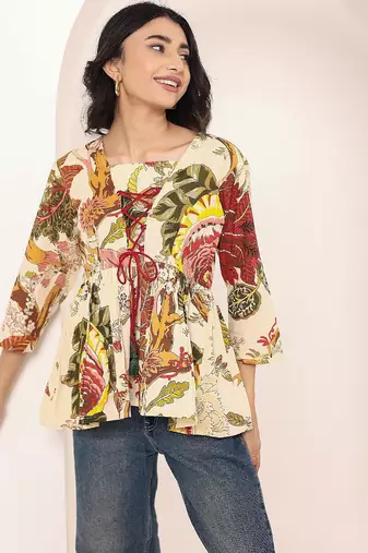 Navy blue tropical print angrakha style cotton kurta top