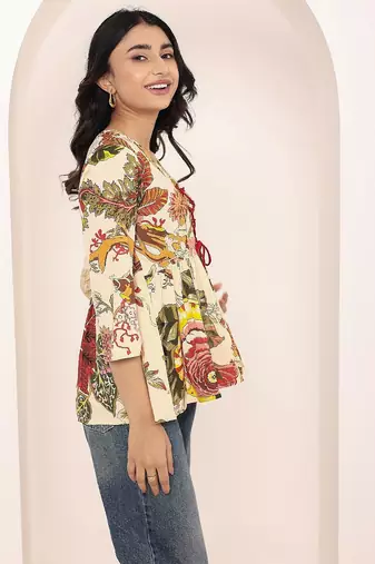 Navy blue tropical print angrakha style cotton kurta top
