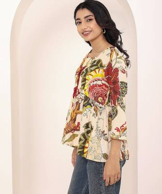 Navy blue tropical print angrakha style cotton kurta top 4