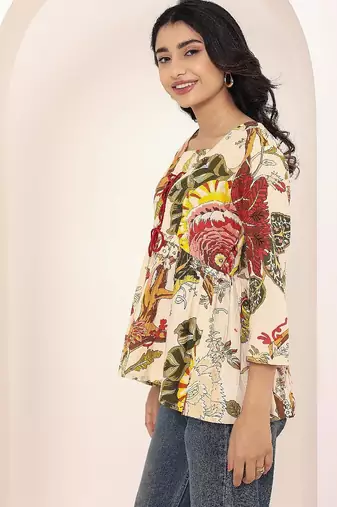 Navy blue tropical print angrakha style cotton kurta top